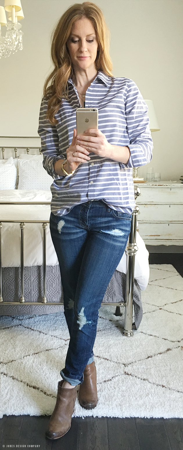 Six Casually Classic Looks for Spring / Jones Design Company - striped button up, jeans, booties
