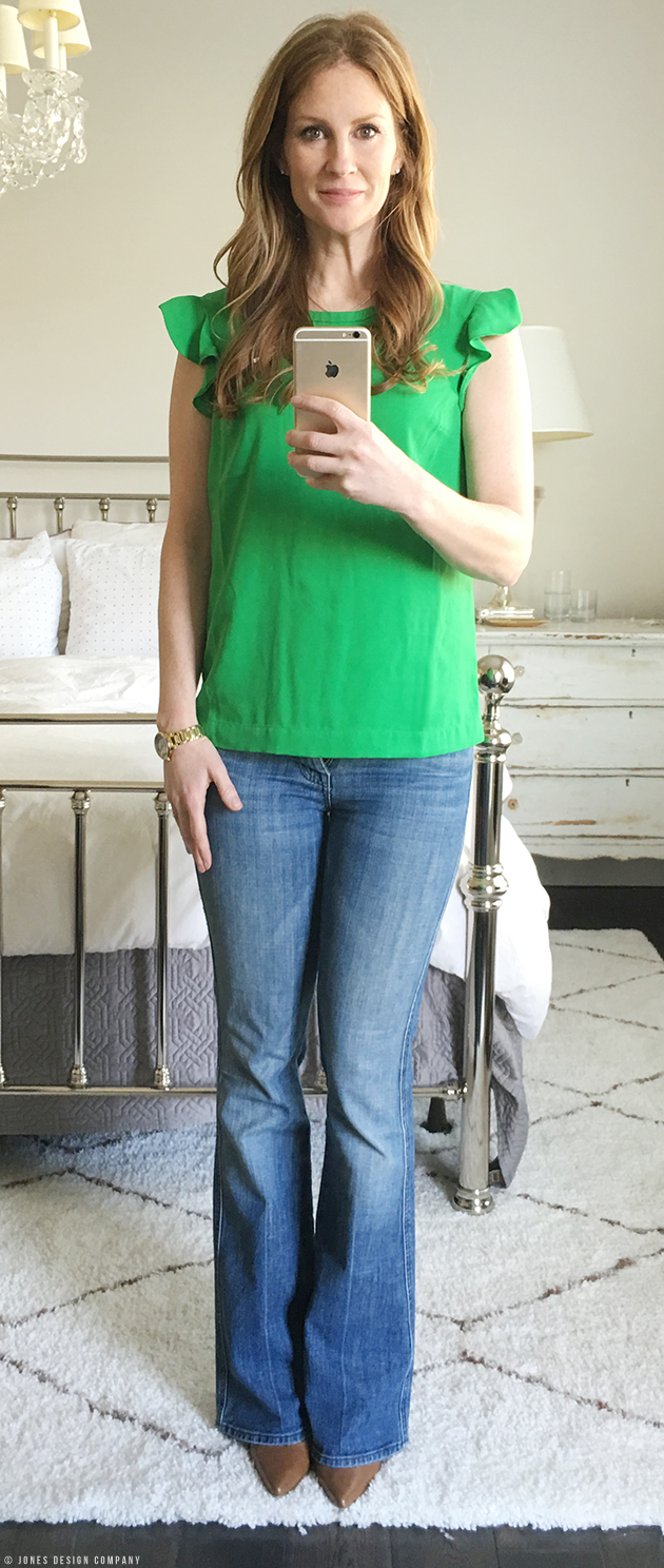 Six Casually Classic Looks for Spring / Jones Design Company - Kelly Green flutter sleeve top with bootcut jeans and heels