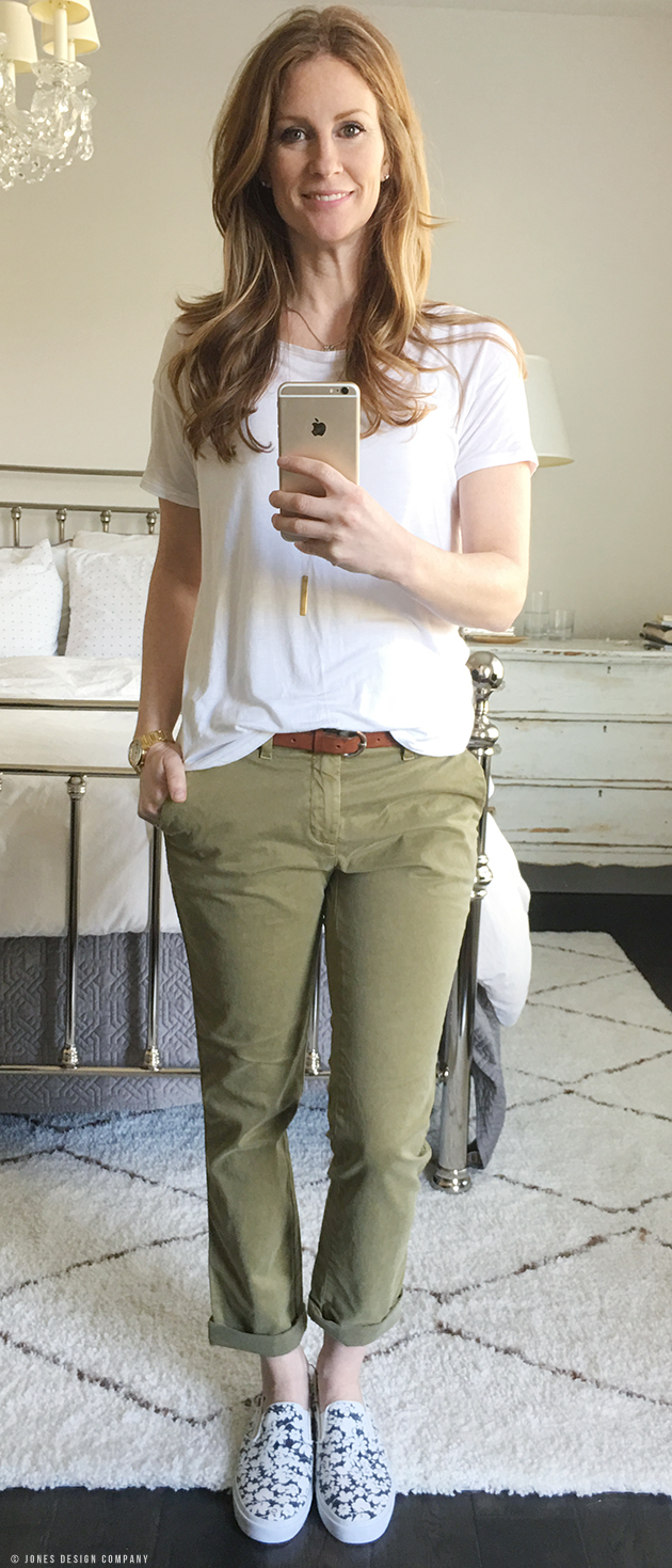 Six Casually Classic Looks for Spring / Jones Design Company - olive chinos, white shirt, graphic slip-ons