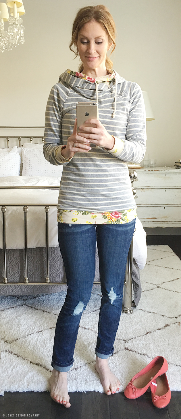Six Casually Classic Looks for Spring / Jones Design Company - gray stripe hoodie with jeans and ballet flats