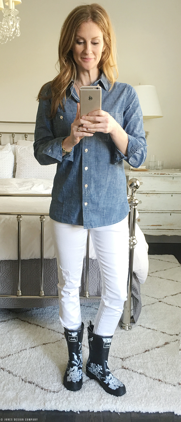 Six Casually Classic Looks for Spring / Jones Design Company - chambray shirt, white jeans, floral rain boots