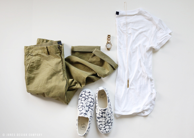 Six Casually Classic Looks for Spring / Jones Design Company - olive chinos, white shirt, graphic slip-ons