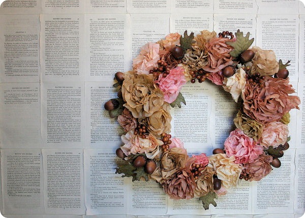 pretty autumn coffee filter flower wreath with acorns and berries