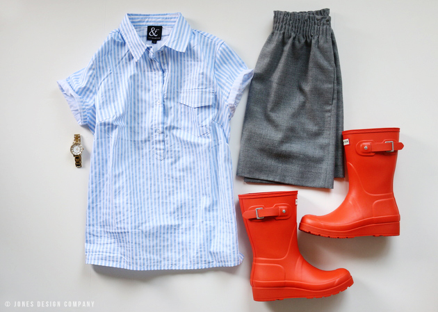 Six Casually Classic Looks for Spring / Jones Design Company - Short sleeved blouse with skirt and short hunter wellies