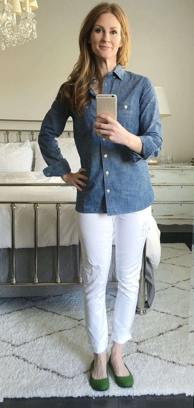 Six Casually Classic Looks for Spring / Jones Design Company - chambray shirt, white jeans, green flats